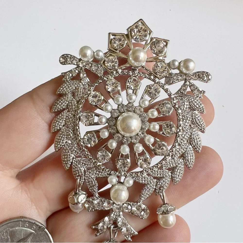 Regal Wreath Silvertone Clear Crystal Faux Pearl Drop Large Corsage Brooch Pin